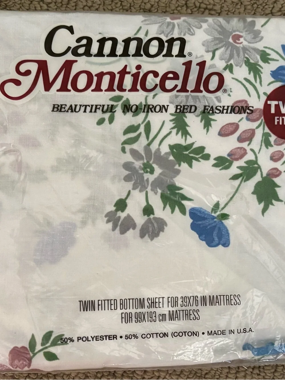 Vintage Cannon Monticello Twin Fitted Sheet soft blue/green/pink floral on white